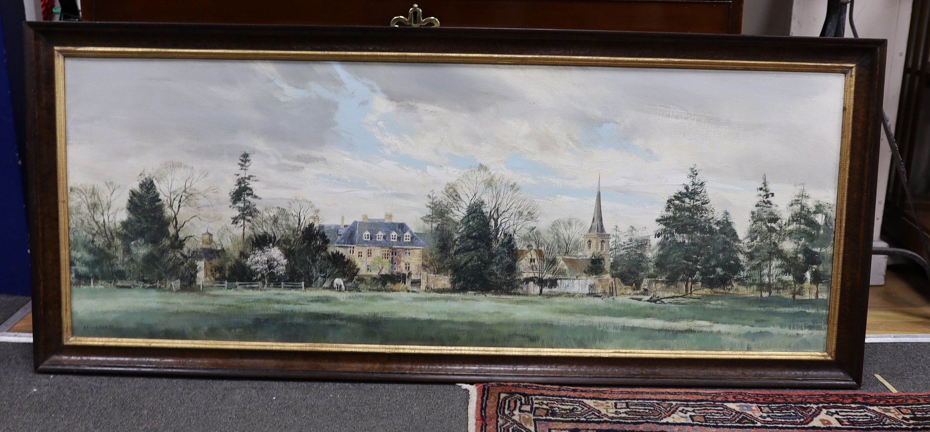 Michael Barnfather (b.1934), oil on canvas, Country house in a landscape, signed and dated '71, 44 x 121cm